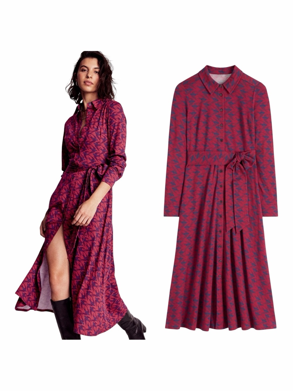 Boden Magenta and Navy Printed Midi Shirt Dress